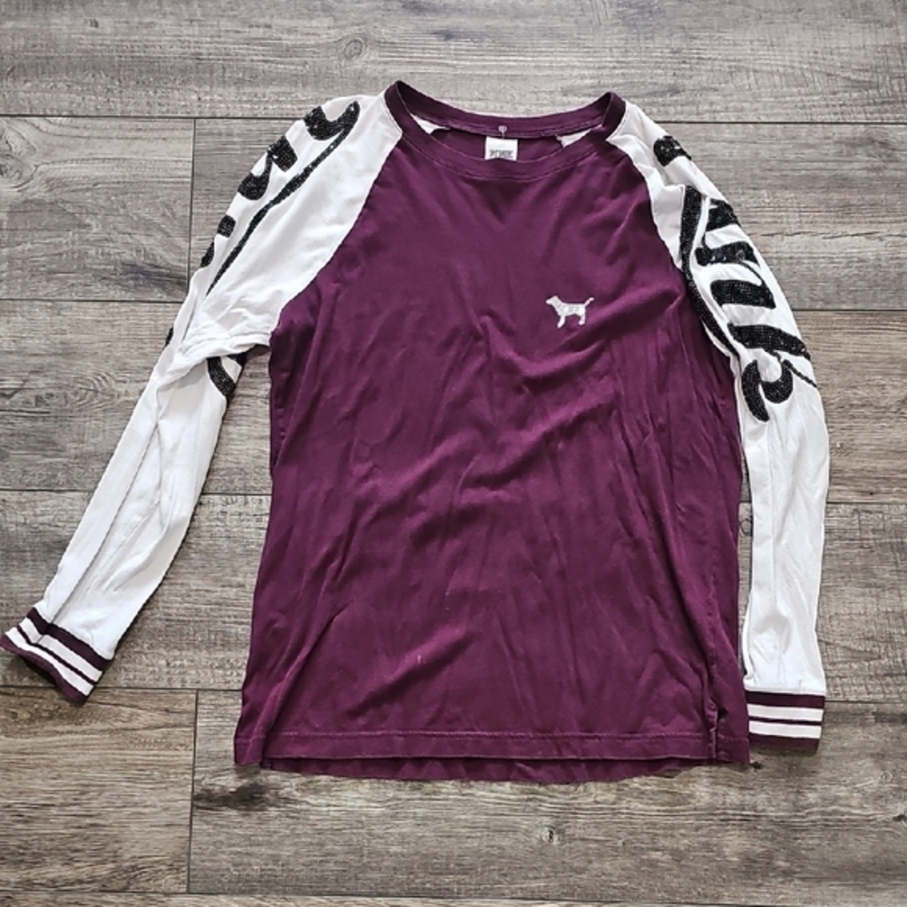 Victoria’s Secret Pink Burgundy Long Sleeve Sequin Logo Shirt Size Medium